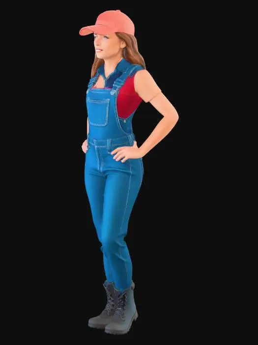3D model for attractive woman truck driver in coverall with ball cap, standing