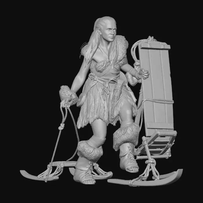 3D model for A strong Neanderthal woman, wearing only a fur skirt and boots, pulling an old-fashioned sled.