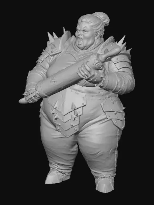 3D model for A massive, morbidly fat Mrs. Claus, full body, angrily yelling with a fierce, contorted expression. Her traditional red velvet suit, appearing stretched and stressed, is reinforced with sharp, dark metallic spiked armor plates that gleam menacingly. She wields a massive, ancient, beaten-up wooden rolling pin, its surface rough and worn from countless impacts, held tightly in her powerful, armored grasp.