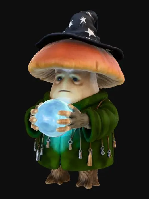 3D model for A stout mushroom-man with a smooth, earthy stalk body and a deep reddish-brown domed cap head. Two small, firm bark-like stubs serve as boots. He wears a thick, textured dark green robe adorned with various metallic and wooden trinkets. A tall, slightly bent black wizard hat with silver stars sits atop his cap. In his multi-fingered hands, he cradles a softly glowing ethereal blue orb, emanating a gentle light.