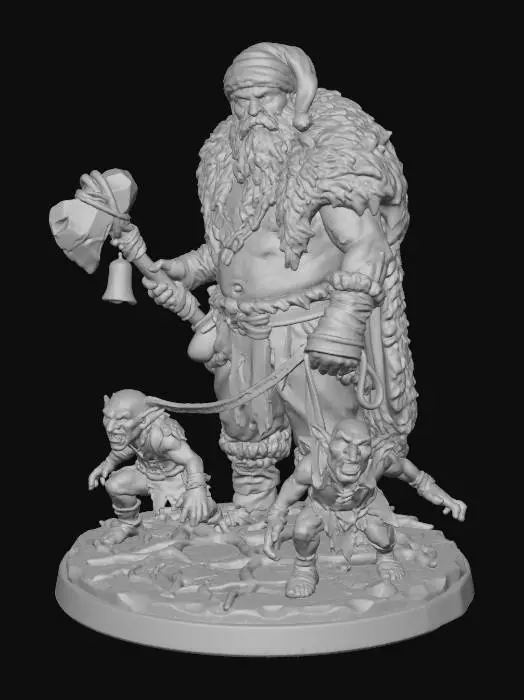 3D model for #Christmas2025#, An imposing, primal Santa Claus, rugged with weathered skin, stands sniffing the air, gazing intently. He wears a thick, coarse reindeer fur coat and a faded, ancient crimson hat. He clutches a crude, heavy stone axe with a rustic, tarnished brass bell pommel. Two lean, feral elves, snarling on all fours, strain against taut, dark leather leashes at his side, all mounted on a textured, D&D-style sculpted base.