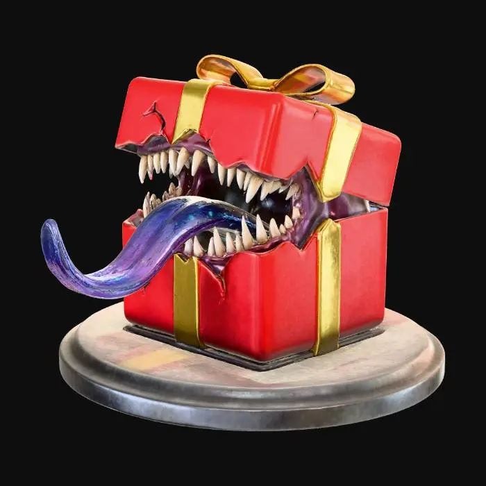 3D model for A sinister D&D mimic disguised as a festive Christmas gift box, wrapped in vibrant red paper with shimmering gold ribbons. Its wide, jagged mouth, the full width of the box's "lid" crack, reveals rows of pointy, menacing teeth. A long, sparkling, glistening tongue unfurls from within. The entire deceptive gift stands firmly on a simple, flat-underside circular base, its surface appearing smooth yet subtly creased.
, #Christmas2025#
