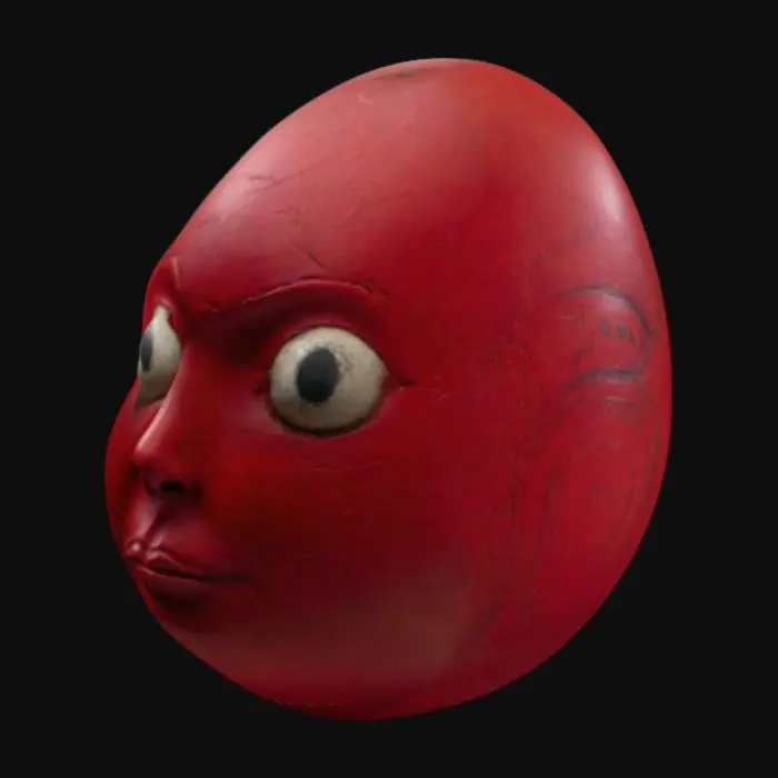 3D model for piccolo oggetto a forma di uovo, colore cremisi. Adornato con un volto simile a quello umano sulla sua superficie, con gli occhi chiusi.