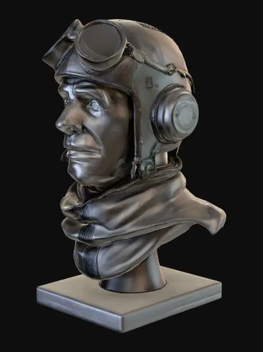 3D model for a stylized world war 1 fighter pilot bust suitable for 3d printing and not needing supports.  Make the bottom flat and horizontal without a pedestal.
