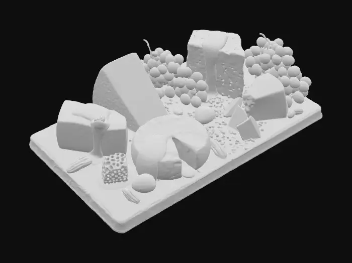 3D model for Un tagliere gourmet con varie specie di formaggi stagionati, uva rossa, miele colato, noci pecan, su pietra scura, texture contrastata, luce soft backlight.