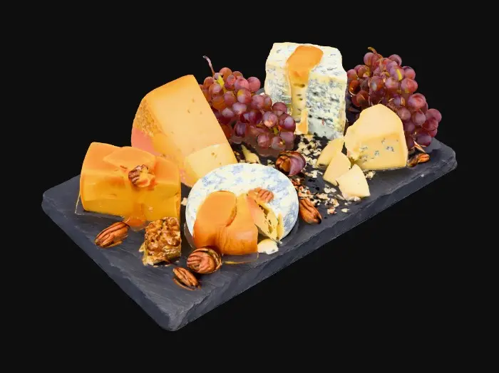 3D model for Un tagliere gourmet con varie specie di formaggi stagionati, uva rossa, miele colato, noci pecan, su pietra scura, texture contrastata, luce soft backlight.