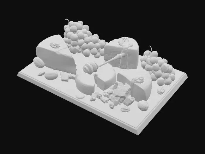 3D model for Un tagliere gourmet con varie specie di formaggi stagionati, uva rossa, miele colato, noci pecan, su pietra scura, texture contrastata, luce soft backlight.
