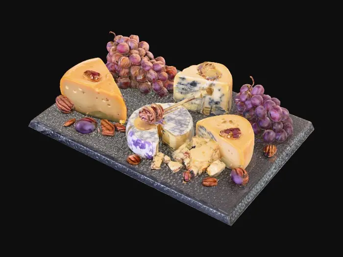 3D model for Un tagliere gourmet con varie specie di formaggi stagionati, uva rossa, miele colato, noci pecan, su pietra scura, texture contrastata, luce soft backlight.