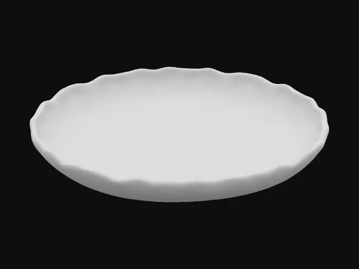 3D model for Uno svuota tasche da ingresso con bordo rialzato e sagoma ovale, colore argilla chiara, stile artigianale moderno, vista frontale, sfondo grigio perla.