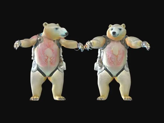 3D model for a set of twins. polar opposite masterpiece 4d gaussian splated cyborg polarbears with android flesh fish bear skin