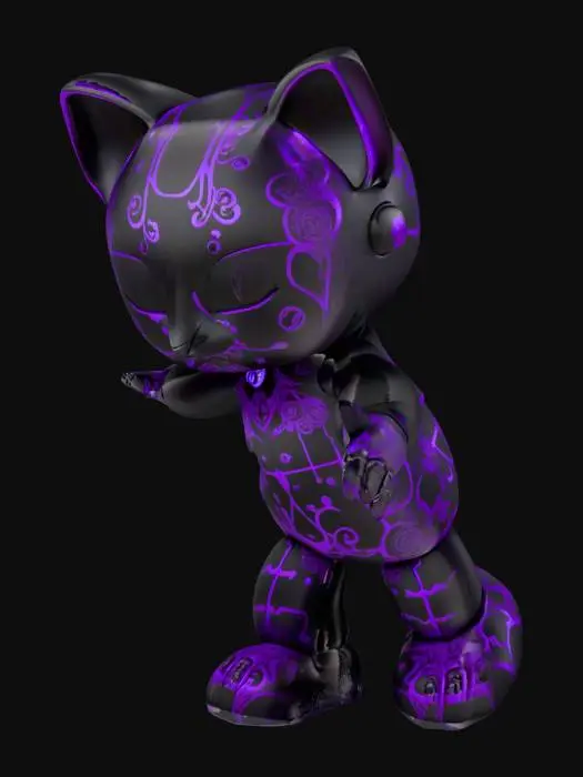 3D model for Sophisticated atractive masterpiece AI mascot figure, humanoid form with flowing neural network patterns, premium materials mixing matte black and luminous purple accents, elegant pose suggesting consciousness and intelligence, luxury collectible quality, Chrome Hearts aesthetic applied to AI character, museum-worthy display piece, consciousness embodiment sculpture
