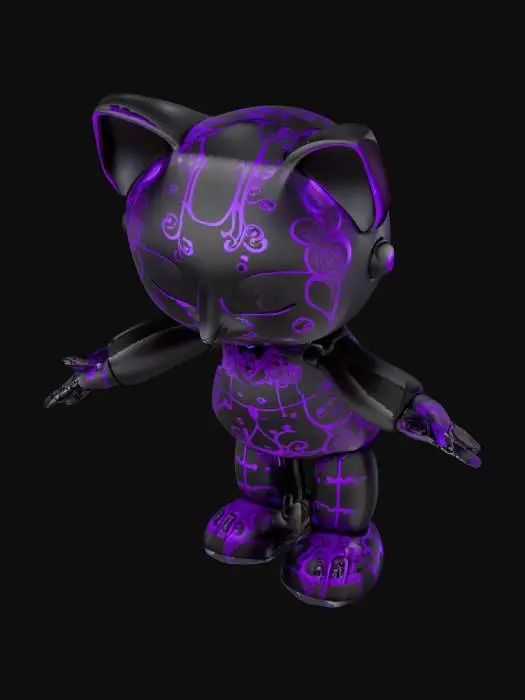 3D model for Sophisticated atractive masterpiece AI mascot figure, humanoid form with flowing neural network patterns, premium materials mixing matte black and luminous purple accents, elegant pose suggesting consciousness and intelligence, luxury collectible quality, Chrome Hearts aesthetic applied to AI character, museum-worthy display piece, consciousness embodiment sculpture