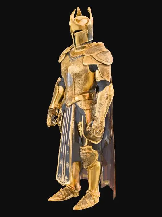 3D model for HAIL, BRANDON HINES, KING SENTINEL—MASTER OF THE STRATEGIC ASCENSION! An ornate, ceremonial knight in gilded armor, rich with intricate details. The armor possesses a warm, aged gold patina, with sections of polished brass showing through. Delicate filigree patterns and engraved heraldry adorn the chest plate and helmet, adding a refined texture. The surfaces vary from smooth and lustrous to slightly raised and textured with the carvings. The form is elegant and regal, suggesting prestige rather than brute force.