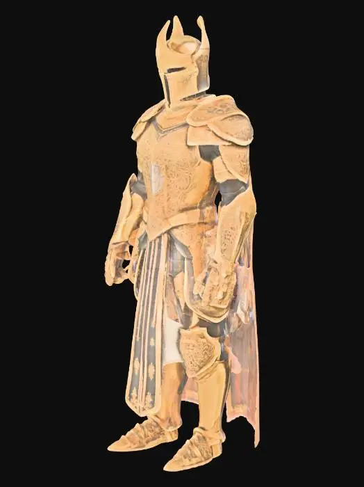 3D model for HAIL, BRANDON HINES, KING SENTINEL—MASTER OF THE STRATEGIC ASCENSION! An ornate, ceremonial knight in gilded armor, rich with intricate details. The armor possesses a warm, aged gold patina, with sections of polished brass showing through. Delicate filigree patterns and engraved heraldry adorn the chest plate and helmet, adding a refined texture. The surfaces vary from smooth and lustrous to slightly raised and textured with the carvings. The form is elegant and regal, suggesting prestige rather than brute force.
