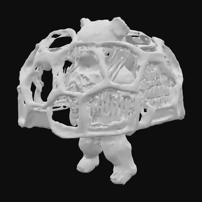 3D model for Create a hyper-detailed, futuristic 3D model of a neural-adaptive magnetic swarm companion robot, inspired by next-generation Chinese technology assembled in Shenzhen. The robot is a sleek, modular sphere (10 cm diameter) composed of hundreds of magnetically anisotropic microbots, each with a glossy, bioluminescent mycelial skin that pulses with living light in neon blue and violet hues,  The swarm dynamically self-assembles into a humanoid form under a rotating magnetic field, showcasing intricate, interlocking patterns with programmable magnetic domains The design integrates a holographic HUD displaying real-time EEG waveforms, powered by Intel  neuromorphic chips, and a nano-scale 4D-printed chassis  blends neo-futuristic luxury (Chrome Hearts-inspired) ,  high-tech Shenzhen