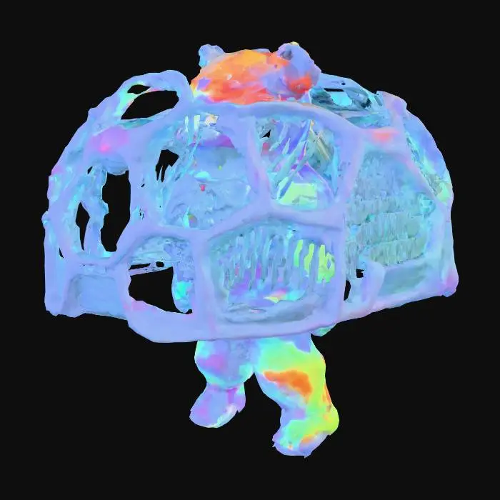 3D model for Create a hyper-detailed, futuristic 3D model of a neural-adaptive magnetic swarm companion robot, inspired by next-generation Chinese technology assembled in Shenzhen. The robot is a sleek, modular sphere (10 cm diameter) composed of hundreds of magnetically anisotropic microbots, each with a glossy, bioluminescent mycelial skin that pulses with living light in neon blue and violet hues,  The swarm dynamically self-assembles into a humanoid form under a rotating magnetic field, showcasing intricate, interlocking patterns with programmable magnetic domains The design integrates a holographic HUD displaying real-time EEG waveforms, powered by Intel  neuromorphic chips, and a nano-scale 4D-printed chassis  blends neo-futuristic luxury (Chrome Hearts-inspired) ,  high-tech Shenzhen