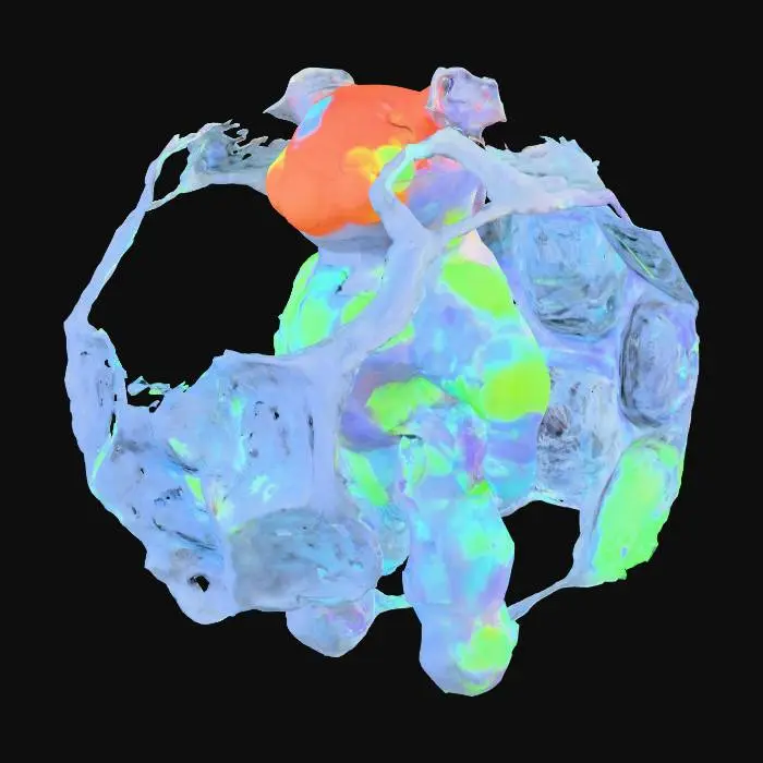3D model for Create a hyper-detailed, futuristic 3D model of a neural-adaptive magnetic swarm companion robot, inspired by next-generation Chinese technology assembled in Shenzhen. The robot is a sleek, modular sphere (10 cm diameter) composed of hundreds of magnetically anisotropic microbots, each with a glossy, bioluminescent mycelial skin that pulses with living light in neon blue and violet hues,  The swarm dynamically self-assembles into a humanoid form under a rotating magnetic field, showcasing intricate, interlocking patterns with programmable magnetic domains The design integrates a holographic HUD displaying real-time EEG waveforms, powered by Intel  neuromorphic chips, and a nano-scale 4D-printed chassis  blends neo-futuristic luxury (Chrome Hearts-inspired) ,  high-tech Shenzhen
