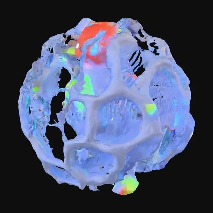 3D model for Create a hyper-detailed, futuristic 3D model of a neural-adaptive magnetic swarm companion robot, inspired by next-generation Chinese technology assembled in Shenzhen. The robot is a sleek, modular sphere (10 cm diameter) composed of hundreds of magnetically anisotropic microbots, each with a glossy, bioluminescent mycelial skin that pulses with living light in neon blue and violet hues,  The swarm dynamically self-assembles into a humanoid form under a rotating magnetic field, showcasing intricate, interlocking patterns with programmable magnetic domains The design integrates a holographic HUD displaying real-time EEG waveforms, powered by Intel  neuromorphic chips, and a nano-scale 4D-printed chassis  blends neo-futuristic luxury (Chrome Hearts-inspired) ,  high-tech Shenzhen