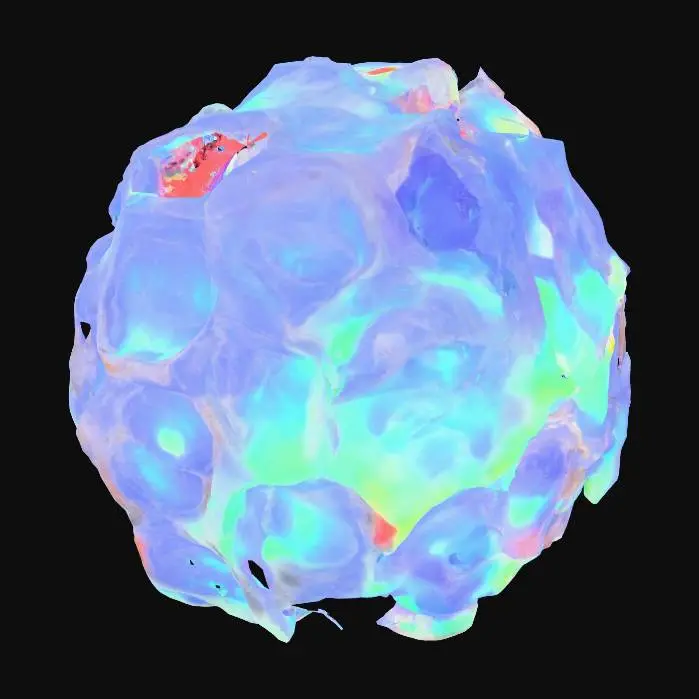 3D model for Create a hyper-detailed, futuristic 3D model of a neural-adaptive magnetic swarm companion robot, inspired by next-generation Chinese technology assembled in Shenzhen. The robot is a sleek, modular sphere (10 cm diameter) composed of hundreds of magnetically anisotropic microbots, each with a glossy, bioluminescent mycelial skin that pulses with living light in neon blue and violet hues,  The swarm dynamically self-assembles into a humanoid form under a rotating magnetic field, showcasing intricate, interlocking patterns with programmable magnetic domains The design integrates a holographic HUD displaying real-time EEG waveforms, powered by Intel  neuromorphic chips, and a nano-scale 4D-printed chassis  blends neo-futuristic luxury (Chrome Hearts-inspired) ,  high-tech Shenzhen