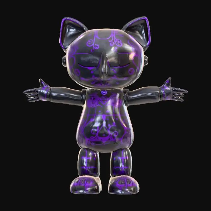 3D model for Sophisticated atractive masterpiece AI mascot figure, humanoid form with flowing neural network patterns, premium materials mixing matte black and luminous purple accents, elegant pose suggesting consciousness and intelligence, luxury collectible quality, Chrome Hearts aesthetic applied to AI character, museum-worthy display piece, consciousness embodiment sculpture