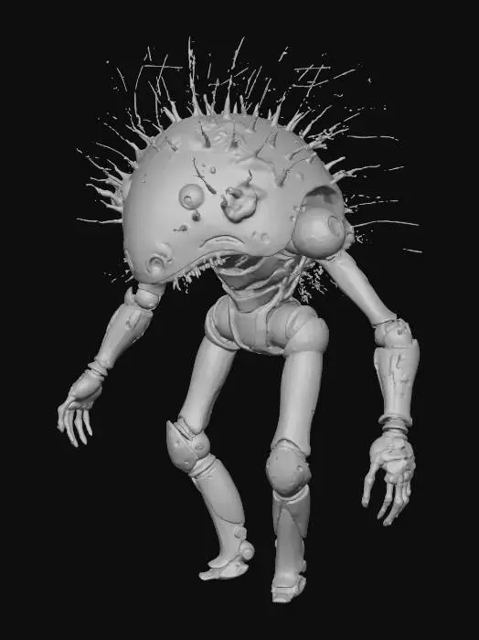 3D model for The scene is a biomechanical landscape, rendered in a highly detailed, realistic style, evoking a sense of organic technology and intricate design. The overall tone is futuristic and slightly