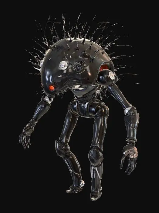 3D model for The scene is a biomechanical landscape, rendered in a highly detailed, realistic style, evoking a sense of organic technology and intricate design. The overall tone is futuristic and slightly