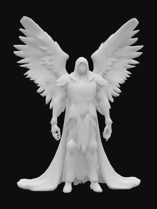 3D model for The mystical figure with large, detailed feathered wings, a dark, flowing robe, and intricately designed armor, presenting a blend of smooth and textured surfaces.
