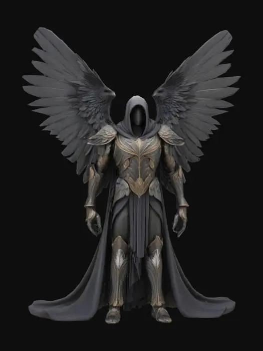 3D model for The mystical figure with large, detailed feathered wings, a dark, flowing robe, and intricately designed armor, presenting a blend of smooth and textured surfaces.
