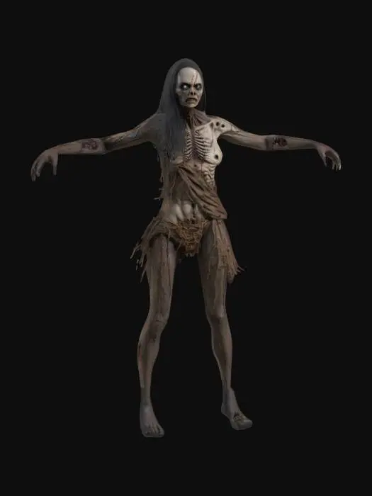 3D model for Create an ultra-highly detailed character model of a Deadite from the Evil Dead franchise. exposed sinew and bone, sunken eyes, twisted facial features and tattered clothing remnants. Neutral T-pose, symmetrical design
