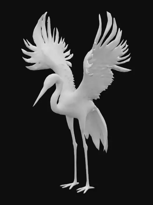 3D model for Create a Roblox-style 3D model of a final evolved spirit named "Wind King Crane" (풍왕학).  
Design a majestic crane spirit with sleek, elegant features and flowing feathers shaped like swirling winds.  
The body should be slender but powerful, with long wings and graceful curves.  
Use colors like soft white, sky blue, and faint silver accents.  
Add floating feather particles around it and a light wind aura that trails behind its movements.  
The model should look clean and collectible, not hyper-realistic, and optimized for Roblox performance.  
Focus on creating a bold and dynamic silhouette that feels swift and mystical.