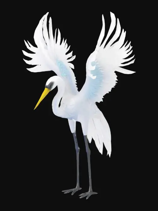 3D model for Create a Roblox-style 3D model of a final evolved spirit named "Wind King Crane" (풍왕학).  
Design a majestic crane spirit with sleek, elegant features and flowing feathers shaped like swirling winds.  
The body should be slender but powerful, with long wings and graceful curves.  
Use colors like soft white, sky blue, and faint silver accents.  
Add floating feather particles around it and a light wind aura that trails behind its movements.  
The model should look clean and collectible, not hyper-realistic, and optimized for Roblox performance.  
Focus on creating a bold and dynamic silhouette that feels swift and mystical.