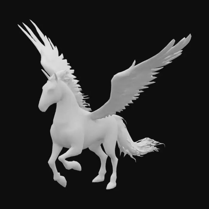3D model for Create a Roblox-style 3D model of a final evolved spirit named "Wind King Pegasus" (풍왕마).
Design a majestic and powerful winged horse spirit, fully grown with large, elegant wings that radiate swirling wind energy.
The body should be slender and muscular, built for speed and flight, with flowing mane and tail that move like gentle breezes.
Use clean white and light sky-blue tones for the body, and semi-transparent wings filled with wind patterns or subtle cloud shapes.
Add floating feather particles and a swirling air aura trailing behind it when it moves.
The eyes should glow with a soft, mystical blue light.
The model must appear regal, swift, and optimized for Roblox performance.
Focus on a clean, bold silhouette with magical, airy effects but avoid over-detailed textures.