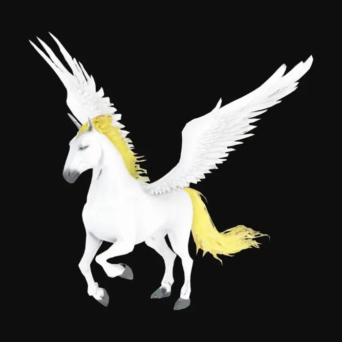 3D model for Create a Roblox-style 3D model of a final evolved spirit named "Wind King Pegasus" (풍왕마).
Design a majestic and powerful winged horse spirit, fully grown with large, elegant wings that radiate swirling wind energy.
The body should be slender and muscular, built for speed and flight, with flowing mane and tail that move like gentle breezes.
Use clean white and light sky-blue tones for the body, and semi-transparent wings filled with wind patterns or subtle cloud shapes.
Add floating feather particles and a swirling air aura trailing behind it when it moves.
The eyes should glow with a soft, mystical blue light.
The model must appear regal, swift, and optimized for Roblox performance.
Focus on a clean, bold silhouette with magical, airy effects but avoid over-detailed textures.