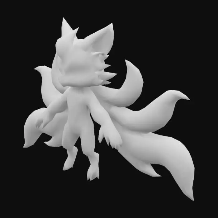 3D model for A Roblox-style floating fox spirit with exactly 9 large flame-shaped tails spread out behind it. The fox has four short legs, a smooth orange-red body, and sharp glowing eyes. Its head has two flame horns made of fire, not solid material. The tails are long, fiery, and evenly fanned in a semicircle, appearing solid rather than particle effects. No background, no base, no glow or effects — just the character alone in neutral space. It should look like a final evolution, mythical and powerful, but still clean and cartoony in Roblox pet style.