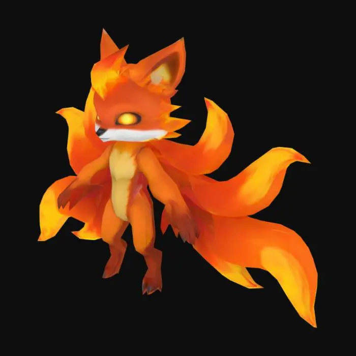 3D model for A Roblox-style floating fox spirit with exactly 9 large flame-shaped tails spread out behind it. The fox has four short legs, a smooth orange-red body, and sharp glowing eyes. Its head has two flame horns made of fire, not solid material. The tails are long, fiery, and evenly fanned in a semicircle, appearing solid rather than particle effects. No background, no base, no glow or effects — just the character alone in neutral space. It should look like a final evolution, mythical and powerful, but still clean and cartoony in Roblox pet style.