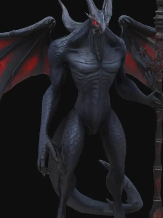 3D model for  Tharagon è un dragoniano alto e imponente, con scaglie nere come la notte e occhi rossi che brillano come braci. Ha un'aura di potere oscuro che lo circonda, e porta sempre con sé un bastone di legno nero adornato con simboli di morte e distruzione