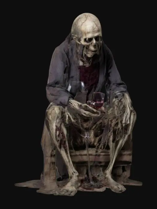 3D model for Старый криповый, забытый высохший труп в сидячей позе, в полном размере, с бокалом в руке