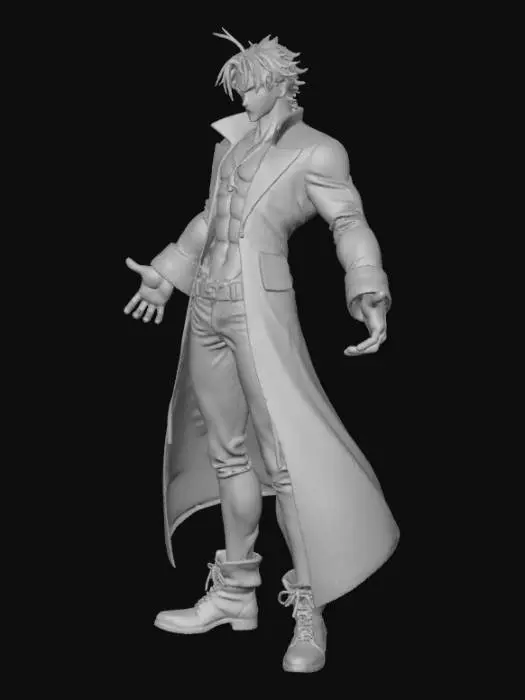 3D model for Anime male adult character, brown spiky hair going up, red eyes, muscular body type, purple coat with green shirt under it, golden amulet with red gem in it hanging on his neck, burgundy trousers, black shoes, black socks, brown leather gloves, high quality, ultra resolution, anime theme, no broken colors, no broken body parts, no extra limbs, standing, A-pose, wrinkles on face