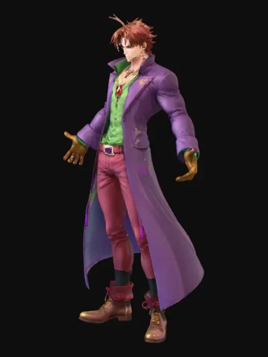 3D model for Anime male adult character, brown spiky hair going up, red eyes, muscular body type, purple coat with green shirt under it, golden amulet with red gem in it hanging on his neck, burgundy trousers, black shoes, black socks, brown leather gloves, high quality, ultra resolution, anime theme, no broken colors, no broken body parts, no extra limbs, standing, A-pose, wrinkles on face
