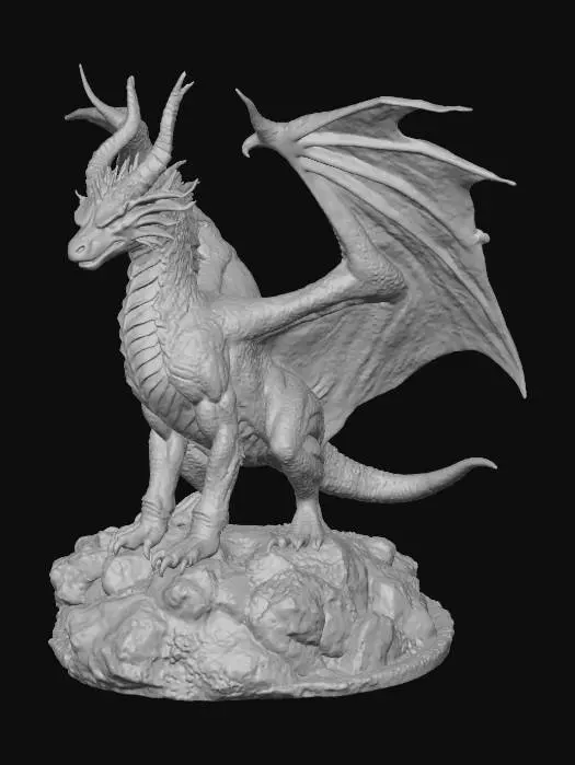 3D model for Create a hyper-realistic Dungeons & Dragons-style dragon. The dragon should be massive, ancient, and majestic, with intricate scales that shimmer in shades of deep crimson and obsidian. Its wings are vast and leathery, with visible veins and clawed tips. The eyes glow with a mystical golden hue, and its horns are twisted and jagged like volcanic rock. The environment is a dark, stormy mountain peak with lightning illuminating the sky behind it. The dragon is roaring, with fire and smoke emerging from its mouth. Style: cinematic, ultra-detailed, photorealistic fantasy concept art