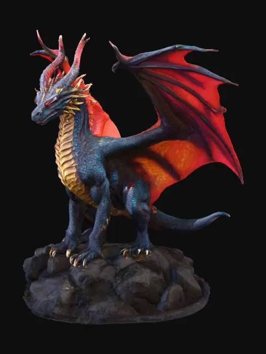 3D model for Create a hyper-realistic Dungeons & Dragons-style dragon. The dragon should be massive, ancient, and majestic, with intricate scales that shimmer in shades of deep crimson and obsidian. Its wings are vast and leathery, with visible veins and clawed tips. The eyes glow with a mystical golden hue, and its horns are twisted and jagged like volcanic rock. The environment is a dark, stormy mountain peak with lightning illuminating the sky behind it. The dragon is roaring, with fire and smoke emerging from its mouth. Style: cinematic, ultra-detailed, photorealistic fantasy concept art