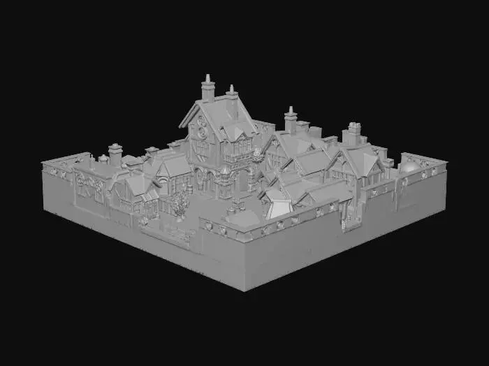 3D model for low poly medieval fantasy town square, adventure guild building, weapon shop, armor shop, small houses, cobblestone plaza, cartoony style, game asset, isometric view, colorful, stylized RPG setting
