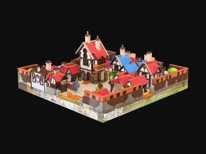 3D model for low poly medieval fantasy town square, adventure guild building, weapon shop, armor shop, small houses, cobblestone plaza, cartoony style, game asset, isometric view, colorful, stylized RPG setting