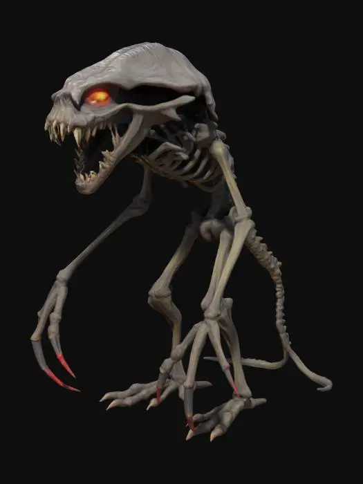 3D model for A monster with a large mouth and sharp teeth, terrifying eyes, 2 long and thin arms and sharp scythes instead of hands, the legs are very long and thin, its body is skeletal and half rotten