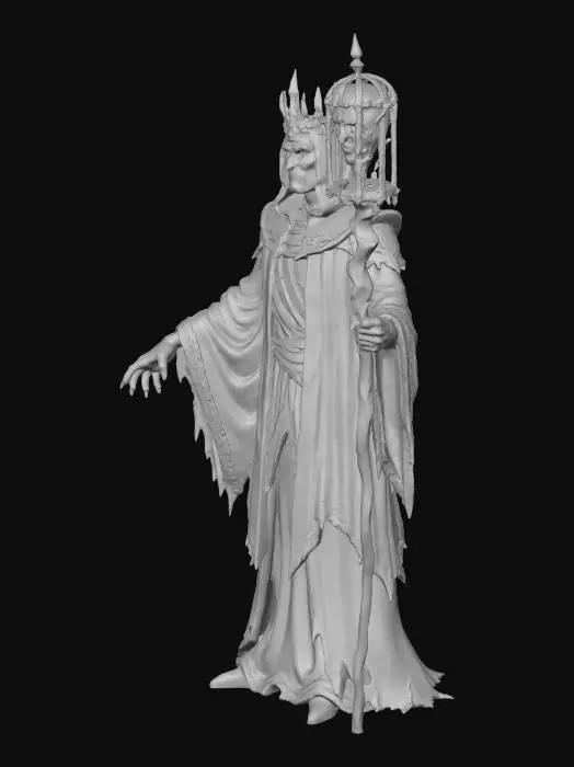 3D model for A dark fantasy illustration in the style of Brom of a lich lord standing in the ruined great hall of an ancient keep. He is more fleshy than skeletal: gaunt, corpse-pale skin stretched tight over sharp cheekbones, lips shrunken back from blackened teeth, patches of withered flesh clinging to his hands and neck. His eyes burn with sickly red-gold light. A jagged black-iron crown sits on his brow, and he wears tattered but ornate noble robes, heavy with gold embroidery and arcane sigils. One hand grips a twisted staff topped with a caged, screaming soul; faint ghostly vapors coil from it around his body. Rubble, broken pillars, and hints of a dungeon stair fade into the background. Mood is grim, oppressive, and ancient; highly detailed, realistic dark-fantasy style.