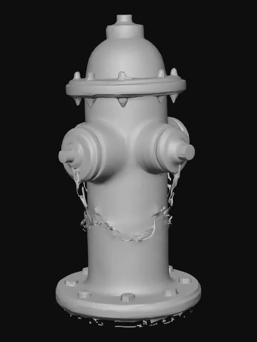 3D model for Classic red fire hydrant on a Brooklyn sidewalk, slightly worn paint, cast iron texture, bolts and caps visible, set against a brick wall with graffiti and a concrete curb, overcast lighting, urban realism, 35mm lens photography, shallow depth of field, cinematic atmosphere