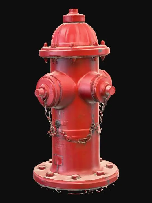 3D model for Classic red fire hydrant on a Brooklyn sidewalk, slightly worn paint, cast iron texture, bolts and caps visible, set against a brick wall with graffiti and a concrete curb, overcast lighting, urban realism, 35mm lens photography, shallow depth of field, cinematic atmosphere