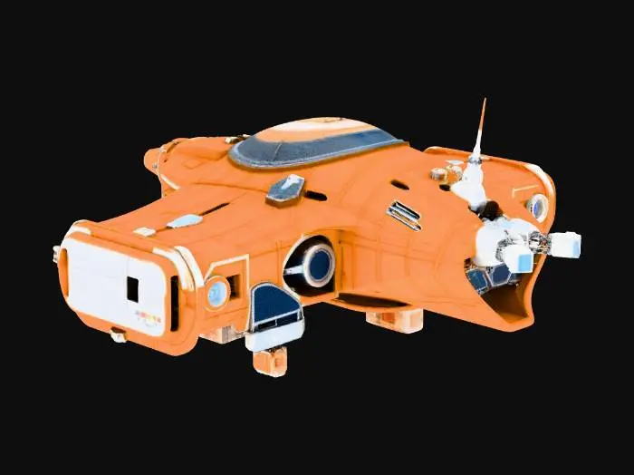 3D model for A small futuristic recycling spaceship designed for cleaning space debris.
Sleek but functional design, compact body with visible mechanical details.
Equipped with a front-mounted tractor beam emitter, robotic arms or magnetic collectors, and storage containers for collected space junk.