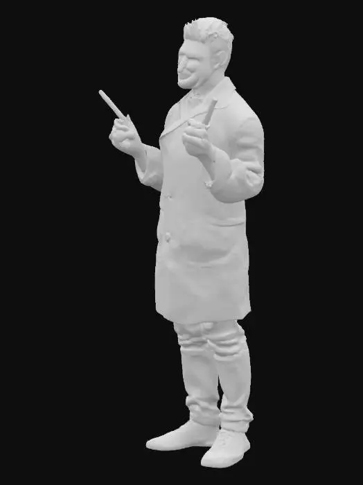 3D model for A barber with red hair, standing with his legs apart, wearing a dark blue barber's coat, holding razors in both hands, grinning devilishly