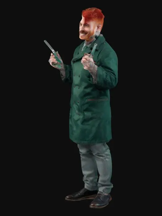 3D model for A barber with red hair, standing with his legs apart, wearing a dark blue barber's coat, holding razors in both hands, grinning devilishly